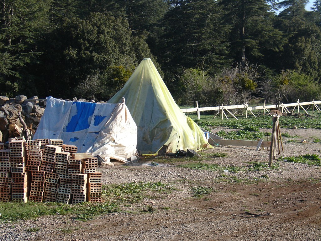 In solchen Zelten leben oft Straßenbauarbeiter oder auch Arbeiter, die Häuser bauen.
